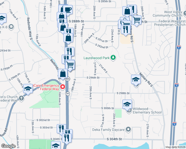 map of restaurants, bars, coffee shops, grocery stores, and more near 29505 21st Avenue South in Federal Way