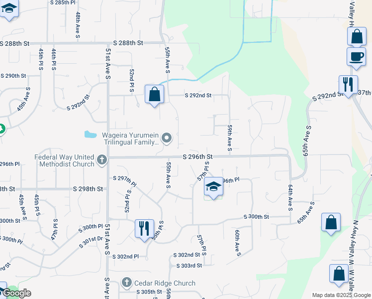 map of restaurants, bars, coffee shops, grocery stores, and more near 5653 South 295th Place in Auburn