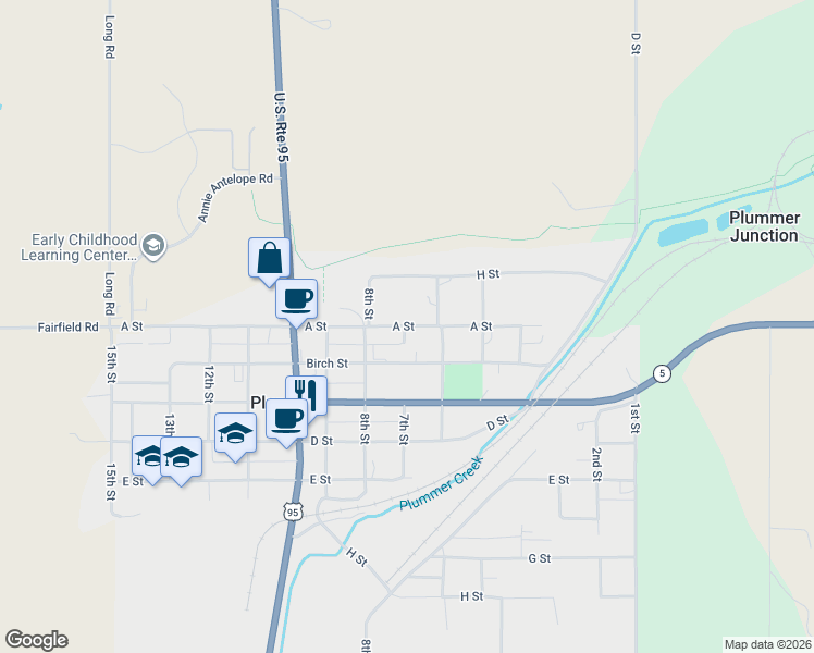 map of restaurants, bars, coffee shops, grocery stores, and more near 767 A Street in Plummer