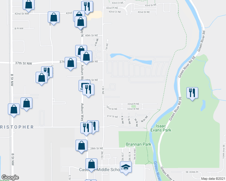 map of restaurants, bars, coffee shops, grocery stores, and more near 3438 I Street Northeast in Auburn