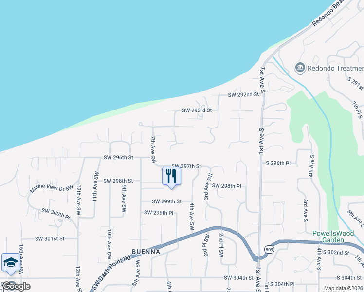 map of restaurants, bars, coffee shops, grocery stores, and more near 501 Southwest 295th Place in Federal Way