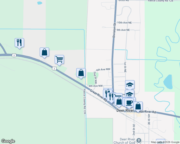 map of restaurants, bars, coffee shops, grocery stores, and more near 203 4th Avenue Northwest in Deer River