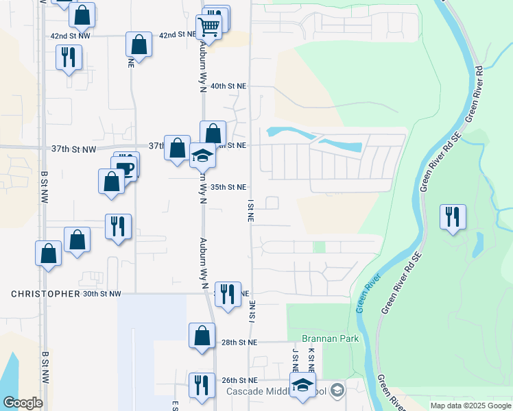 map of restaurants, bars, coffee shops, grocery stores, and more near 3402 I Street Northeast in Auburn
