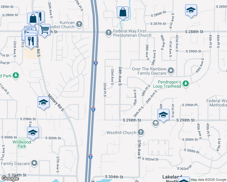 map of restaurants, bars, coffee shops, grocery stores, and more near 3229 South 295th Place in Auburn
