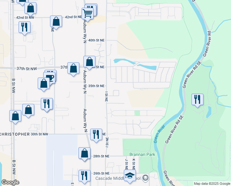 map of restaurants, bars, coffee shops, grocery stores, and more near 3408 I Street Northeast in Auburn