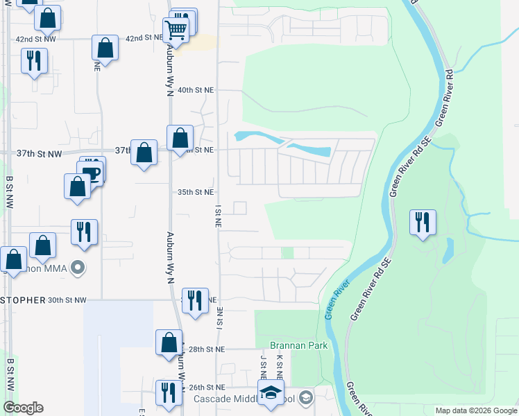 map of restaurants, bars, coffee shops, grocery stores, and more near 3500 I Street Northeast in Auburn