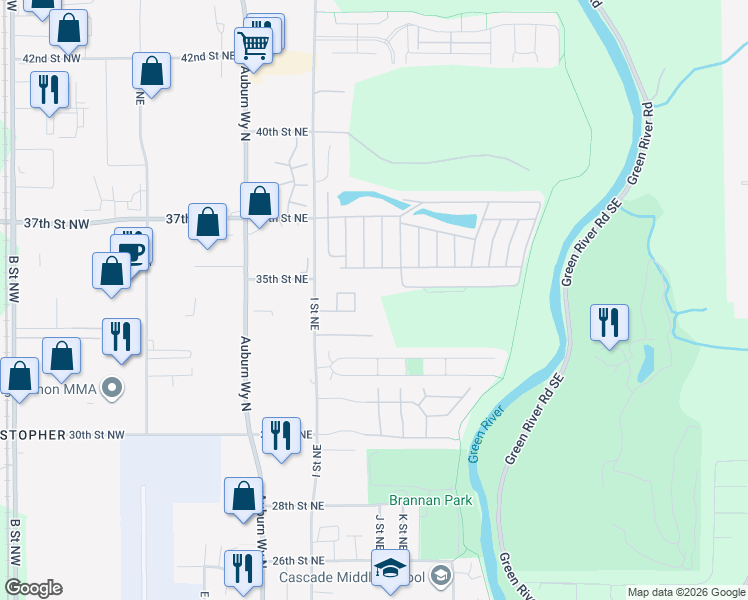 map of restaurants, bars, coffee shops, grocery stores, and more near 3500 I Street Northeast in Auburn