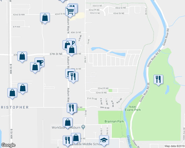 map of restaurants, bars, coffee shops, grocery stores, and more near 3500 I Street Northeast in Auburn