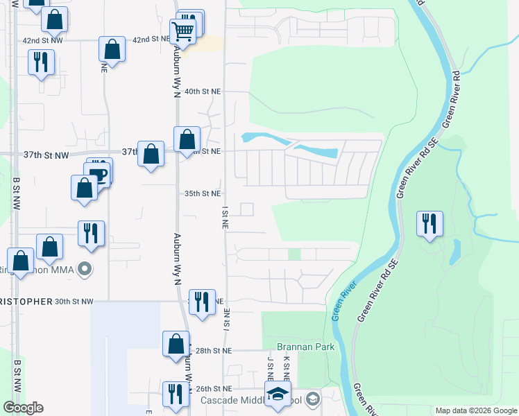 map of restaurants, bars, coffee shops, grocery stores, and more near 3428 I Street Northeast in Auburn