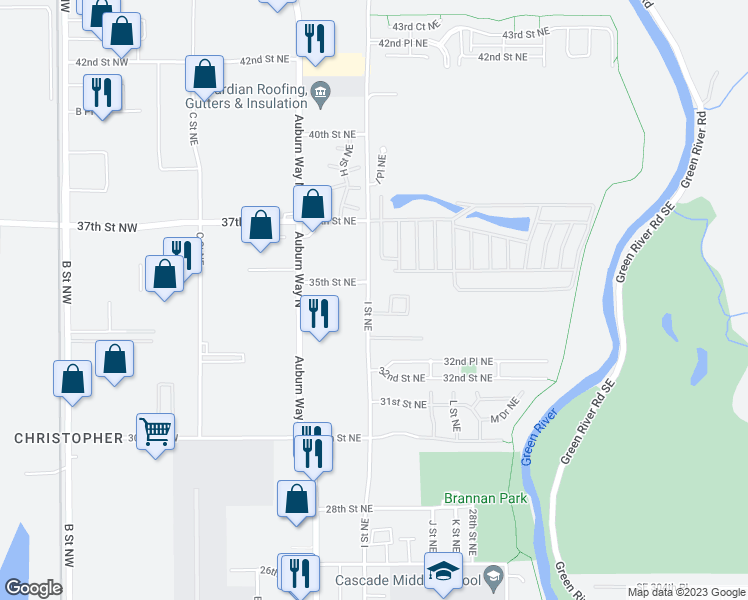map of restaurants, bars, coffee shops, grocery stores, and more near 3500 I Street Northeast in Auburn