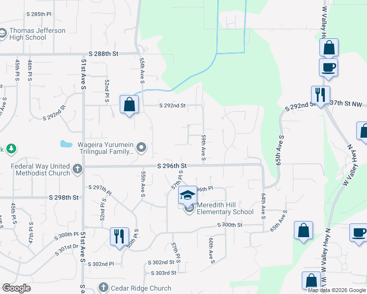 map of restaurants, bars, coffee shops, grocery stores, and more near 29411 58th Avenue South in Auburn