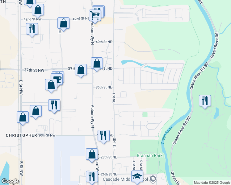 map of restaurants, bars, coffee shops, grocery stores, and more near 3436 I Street Northeast in Auburn