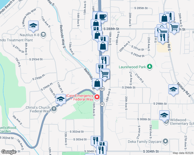 map of restaurants, bars, coffee shops, grocery stores, and more near 29421 Pacific Highway South in Federal Way