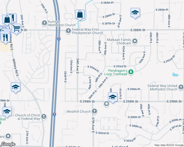 map of restaurants, bars, coffee shops, grocery stores, and more near 29331 36th Avenue South in Auburn