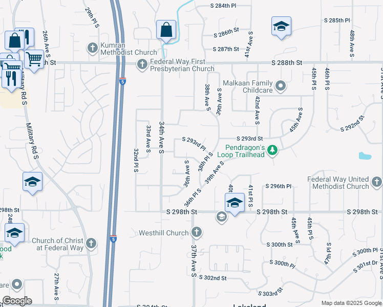 map of restaurants, bars, coffee shops, grocery stores, and more near 29331 36th Avenue South in Auburn