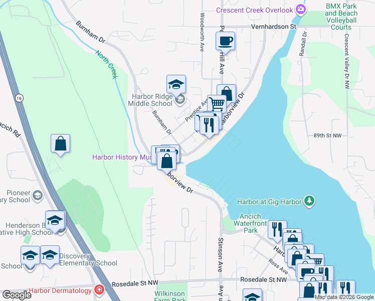 map of restaurants, bars, coffee shops, grocery stores, and more near 8817 Franklin Avenue in Gig Harbor