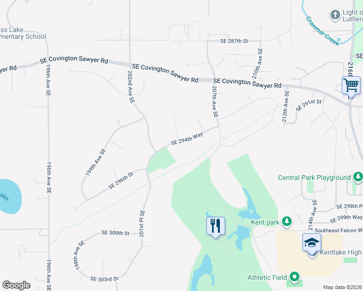 map of restaurants, bars, coffee shops, grocery stores, and more near 20405 Southeast 294th Way in Kent