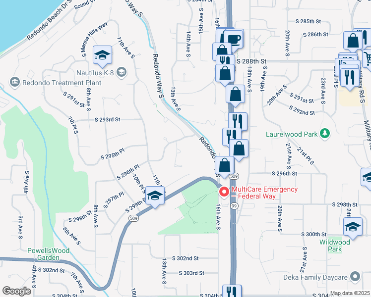map of restaurants, bars, coffee shops, grocery stores, and more near 1317 South 293rd Place in Federal Way