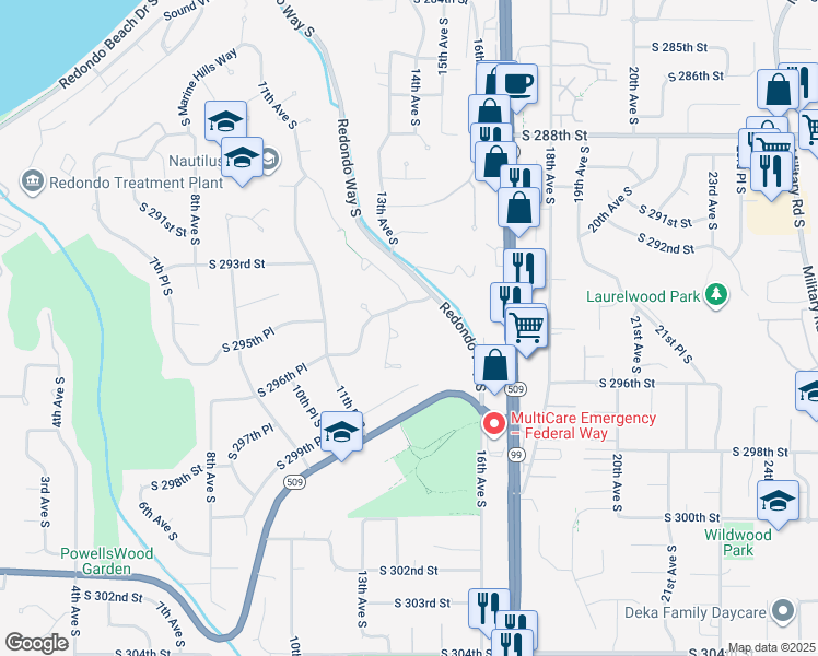 map of restaurants, bars, coffee shops, grocery stores, and more near 1317 South 293rd Place in Federal Way