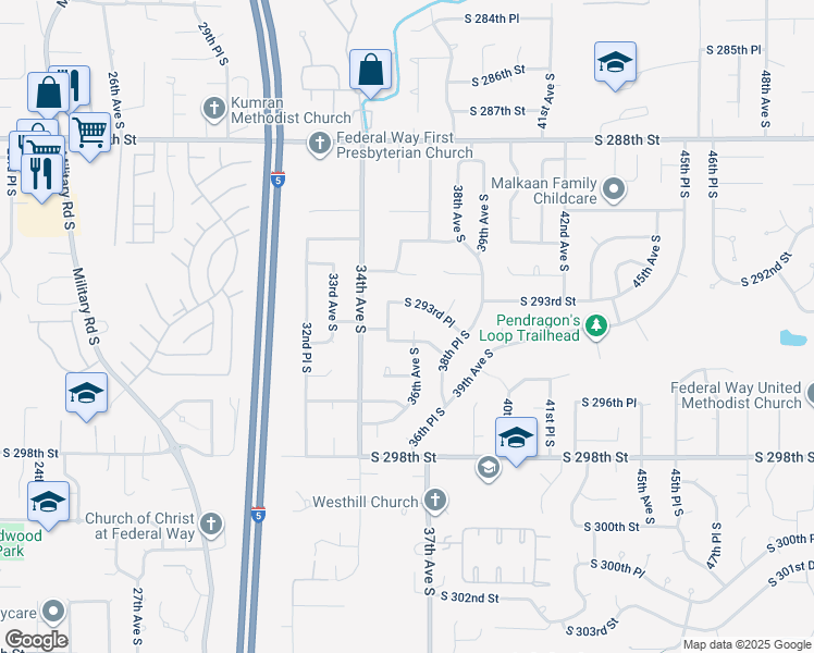 map of restaurants, bars, coffee shops, grocery stores, and more near 29331 36th Avenue South in Auburn