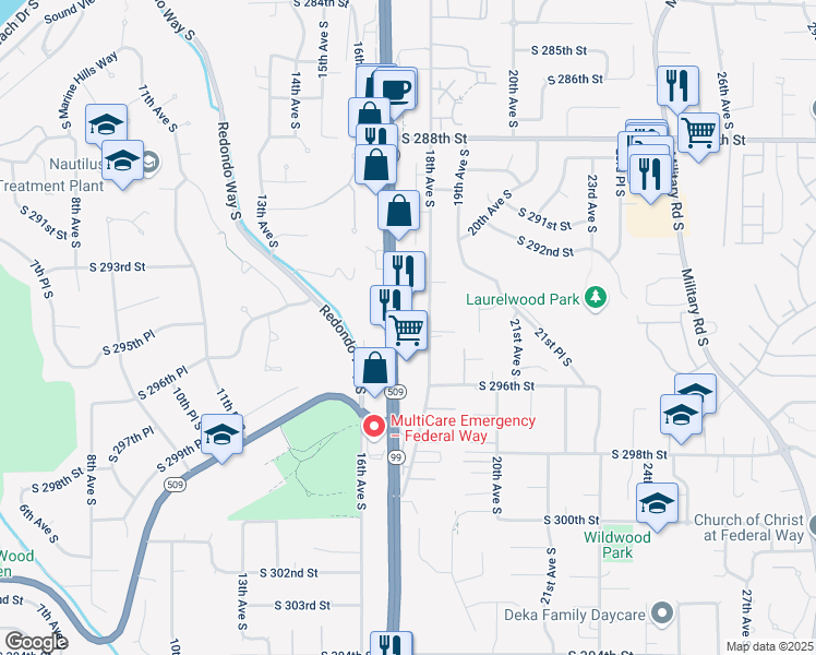 map of restaurants, bars, coffee shops, grocery stores, and more near 29404 Pacific Highway South in Federal Way