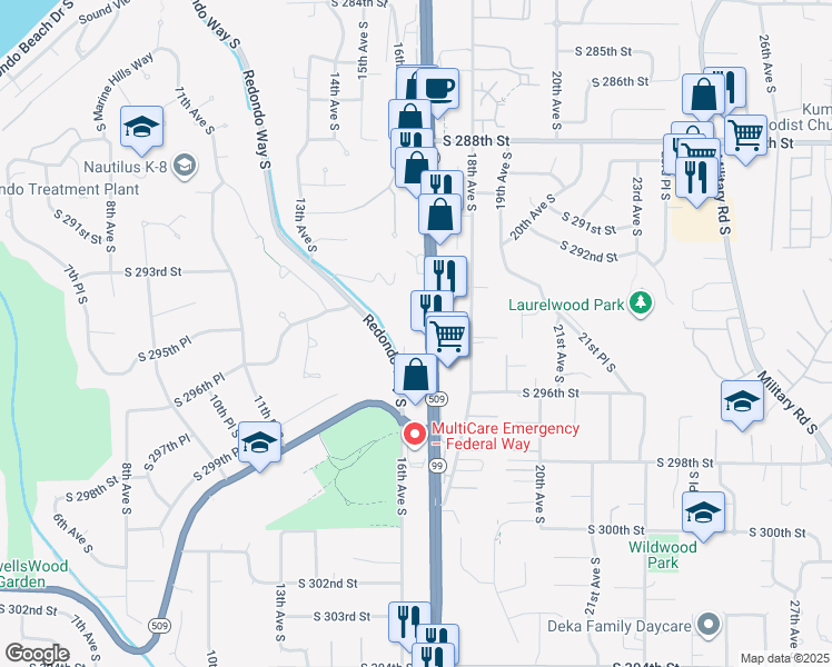 map of restaurants, bars, coffee shops, grocery stores, and more near 29401 Pacific Highway South in Federal Way