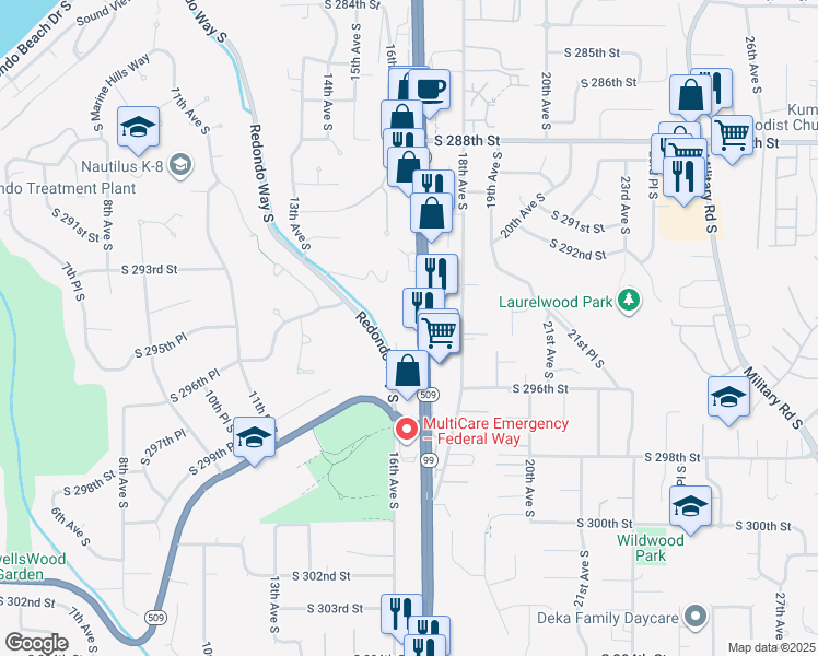 map of restaurants, bars, coffee shops, grocery stores, and more near 29401 Pacific Highway South in Federal Way