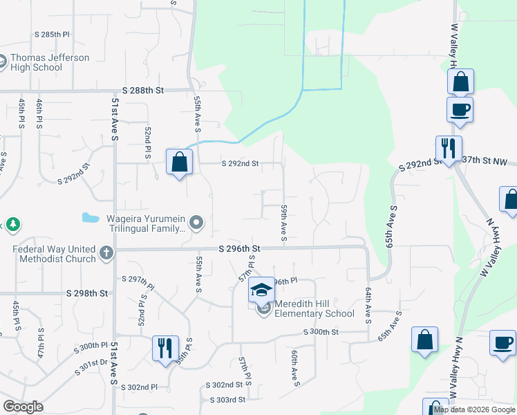 map of restaurants, bars, coffee shops, grocery stores, and more near 29411 58th Avenue South in Auburn