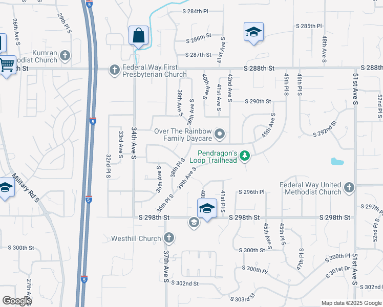 map of restaurants, bars, coffee shops, grocery stores, and more near 29314 38th Place South in Auburn