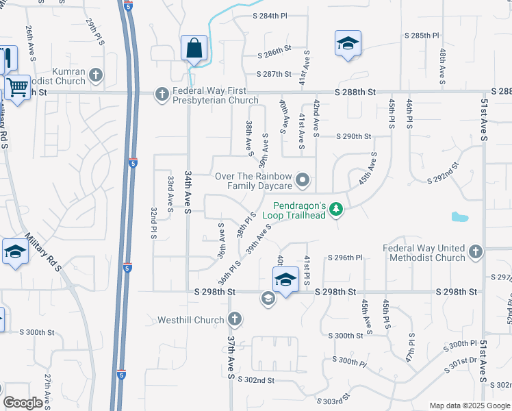map of restaurants, bars, coffee shops, grocery stores, and more near 29317 38th Place South in Auburn
