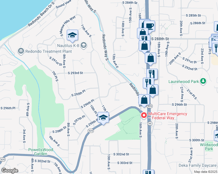 map of restaurants, bars, coffee shops, grocery stores, and more near 1207 South 293rd Place in Federal Way