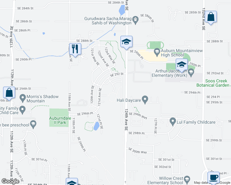 map of restaurants, bars, coffee shops, grocery stores, and more near 29330 122nd Place Southeast in Auburn