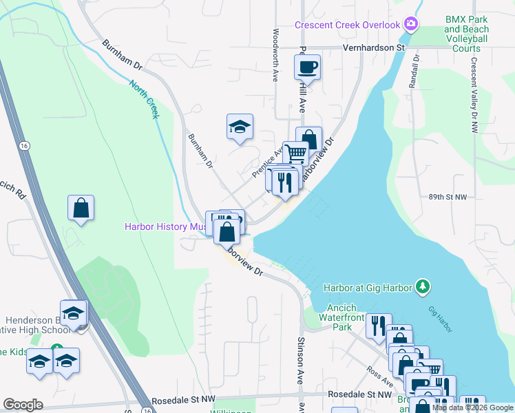 map of restaurants, bars, coffee shops, grocery stores, and more near 8817 Franklin Avenue in Gig Harbor