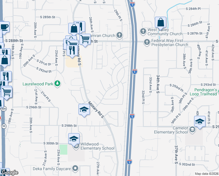 map of restaurants, bars, coffee shops, grocery stores, and more near 3001 South 288th Street in Federal Way