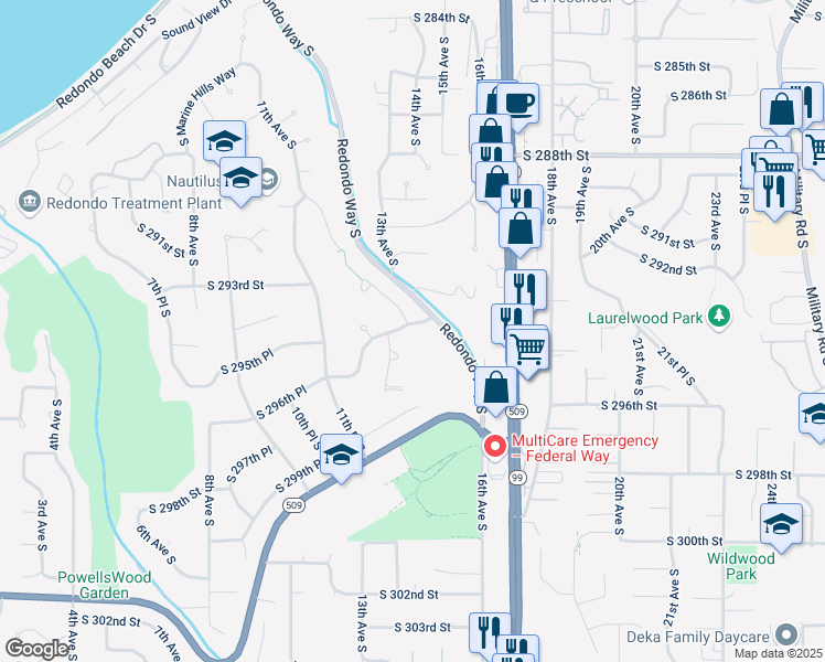 map of restaurants, bars, coffee shops, grocery stores, and more near 1317 South 293rd Place in Federal Way