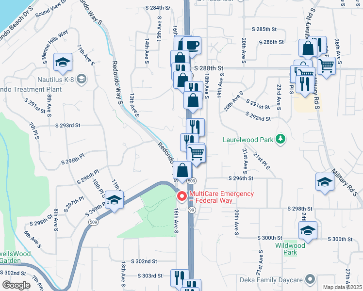 map of restaurants, bars, coffee shops, grocery stores, and more near 29401 Pacific Highway South in Federal Way