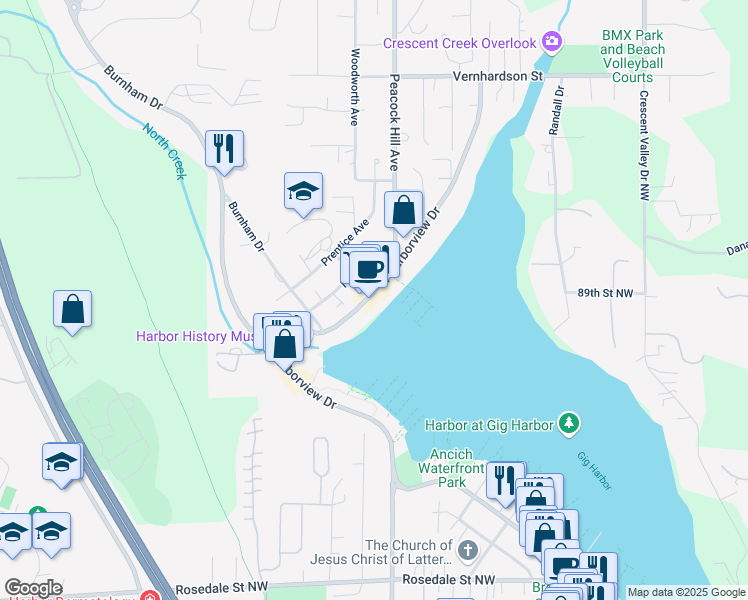 map of restaurants, bars, coffee shops, grocery stores, and more near 8815 North Harborview Drive in Gig Harbor