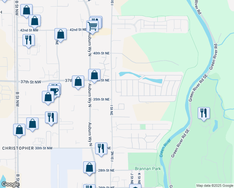 map of restaurants, bars, coffee shops, grocery stores, and more near 3500 I Street Northeast in Auburn
