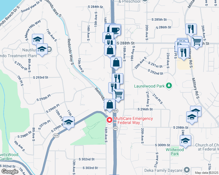 map of restaurants, bars, coffee shops, grocery stores, and more near 29401 Pacific Highway South in Federal Way