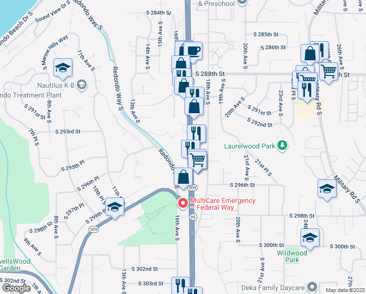 map of restaurants, bars, coffee shops, grocery stores, and more near 29401 Pacific Highway South in Federal Way