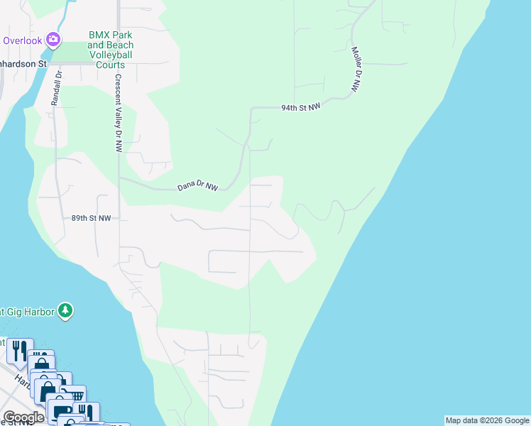 map of restaurants, bars, coffee shops, grocery stores, and more near 2310 89th Street Court Northwest in Gig Harbor