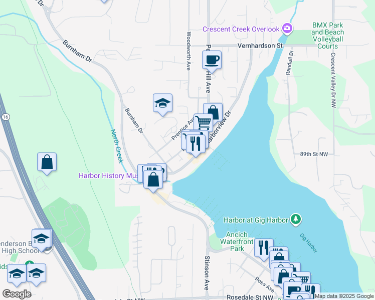 map of restaurants, bars, coffee shops, grocery stores, and more near 8921 Franklin Avenue in Gig Harbor
