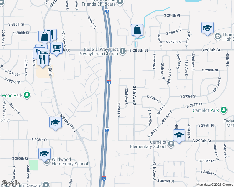 map of restaurants, bars, coffee shops, grocery stores, and more near 29203 32nd Place South in Auburn