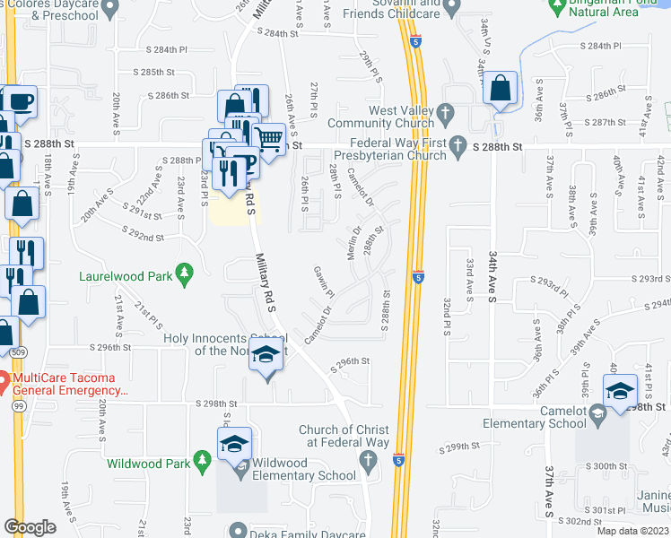 map of restaurants, bars, coffee shops, grocery stores, and more near 3006 South 288th Street in Federal Way