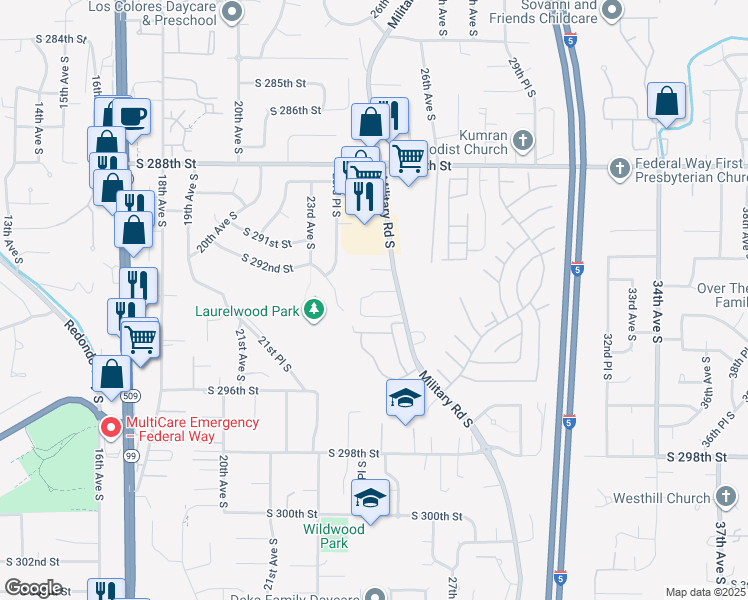map of restaurants, bars, coffee shops, grocery stores, and more near 29225 Military Road South in Federal Way