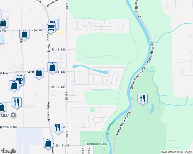 map of restaurants, bars, coffee shops, grocery stores, and more near 3611 I Street Northeast in Auburn