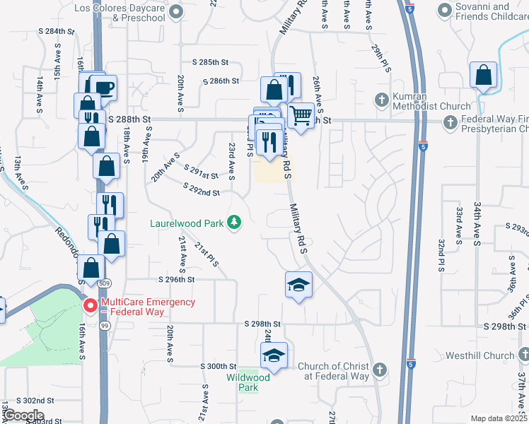 map of restaurants, bars, coffee shops, grocery stores, and more near 29225 Military Road South in Federal Way