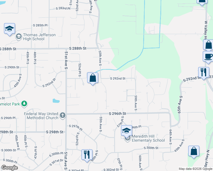 map of restaurants, bars, coffee shops, grocery stores, and more near 29234 55th Avenue South in Auburn