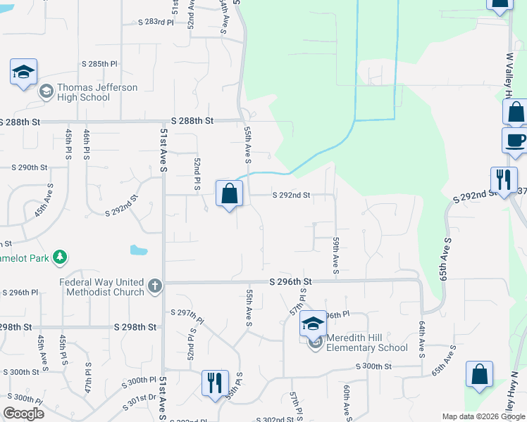 map of restaurants, bars, coffee shops, grocery stores, and more near 29234 55th Avenue South in Auburn