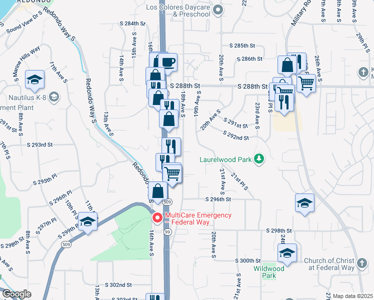 map of restaurants, bars, coffee shops, grocery stores, and more near 29216 18th Avenue South in Federal Way